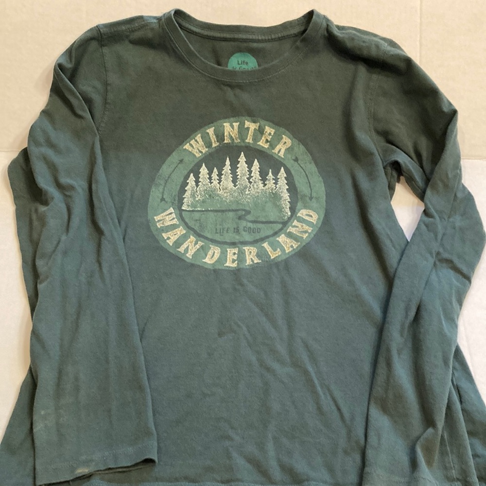 Women's Life is Good long sleeve tee, color is green, size is small
